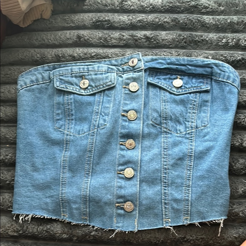 Denim Button-Up Strapless Top